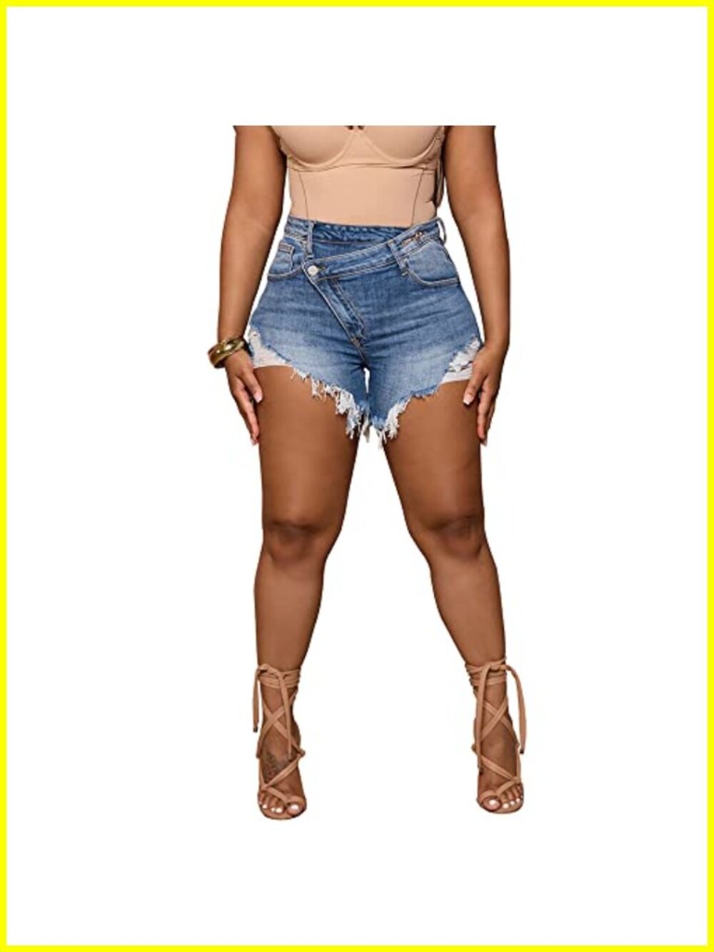 High Waisted Crossover Jean Shorts Ripped Hem Raw Denim, Women's Cut Off Shorts